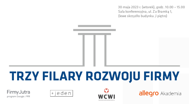 Grafika reklamująca konferencje Trzy filary rozwoju firmy