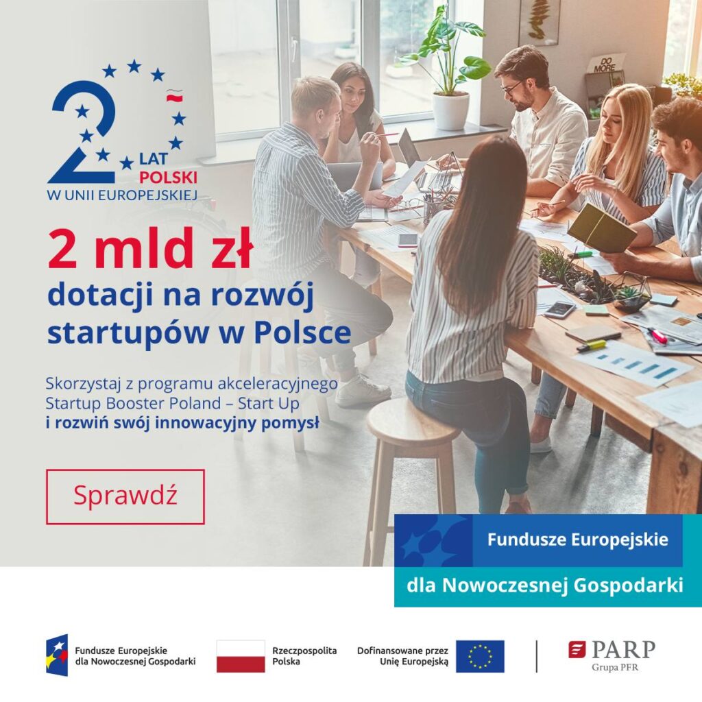 Grafika reklamująca program Startup Booster Poland - Start Up z napisem 2 mld zł dotacji na rozwój startupów w Polsce i ze zdjęciem grupy osób pracujących nad projektem.