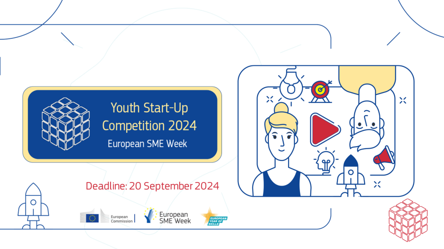 Grafika reklamująca Youth Start-Up Competition 2024, obok rysunki przestawiających ludzi