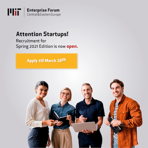 Plakat reklamujący program akceleracji MIT EF CEE Spring 2021 z napisem Attention Startups! Recruitment for Spring 2021 Edition is now open