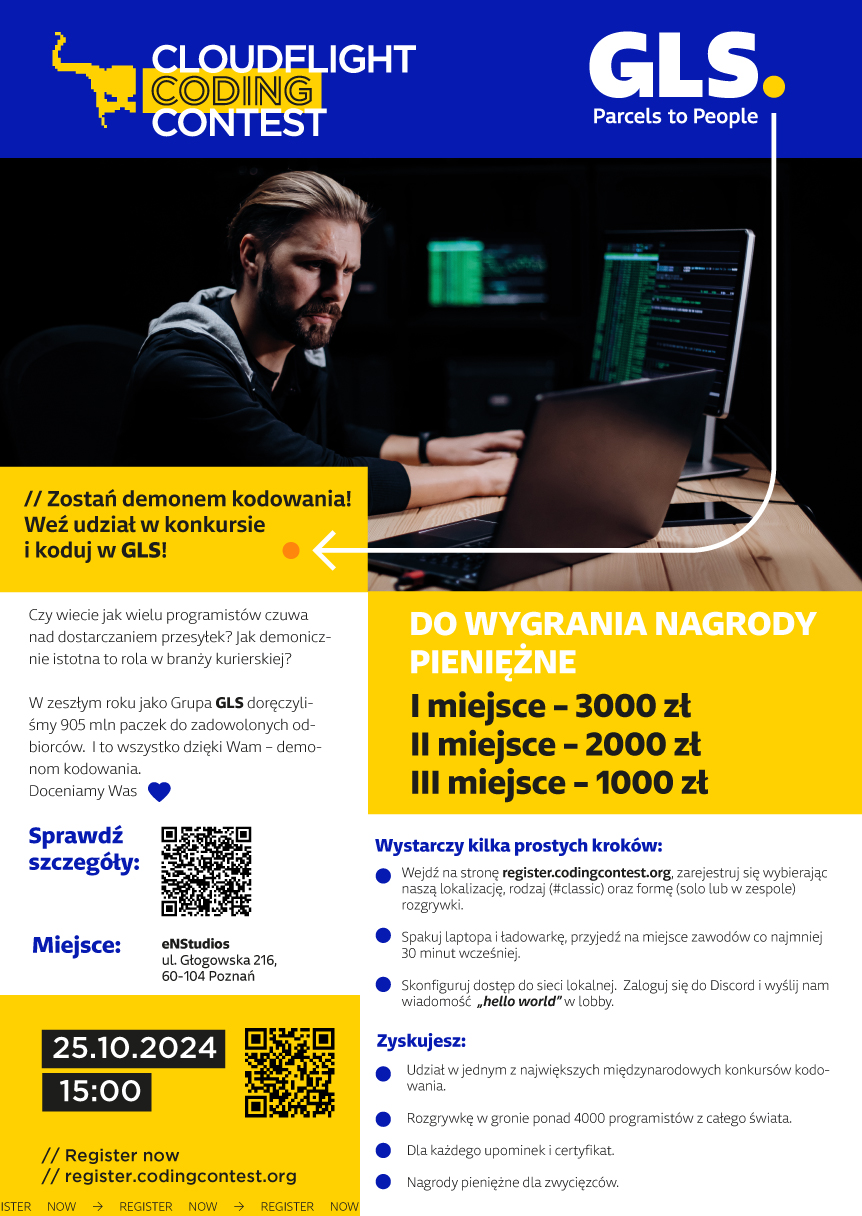 obrazek przedstawia mężczyznę, z brodą, siedzącego przy laptopie oraz monitorze komputera. plakat zawiera także informacje na temat konkursu kodowania