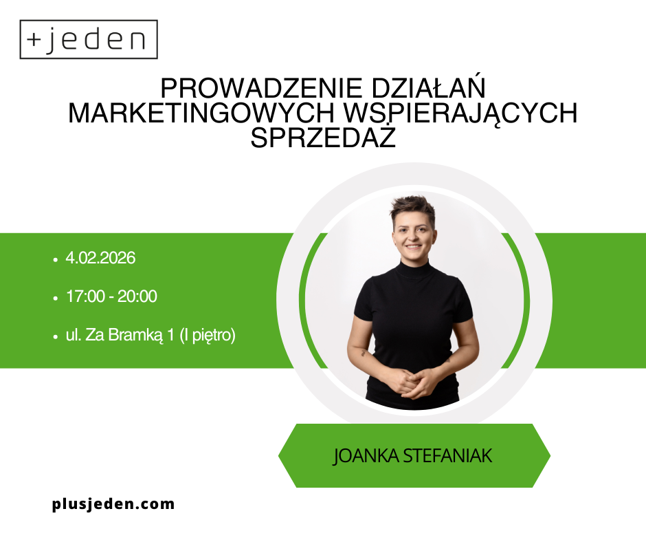 biała plansza z zielonymi elementami, ze zdjęciem pani prowadzącej szkolenie, logotypem organizatora oraz informacjami organizacyjnymi