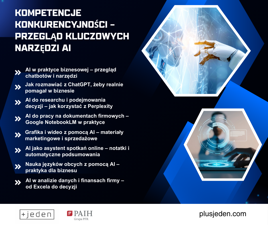 plansza, ciemne tło, umieszczony jest tytuł cyklu szkoleniowego oraz poszczególne tematy