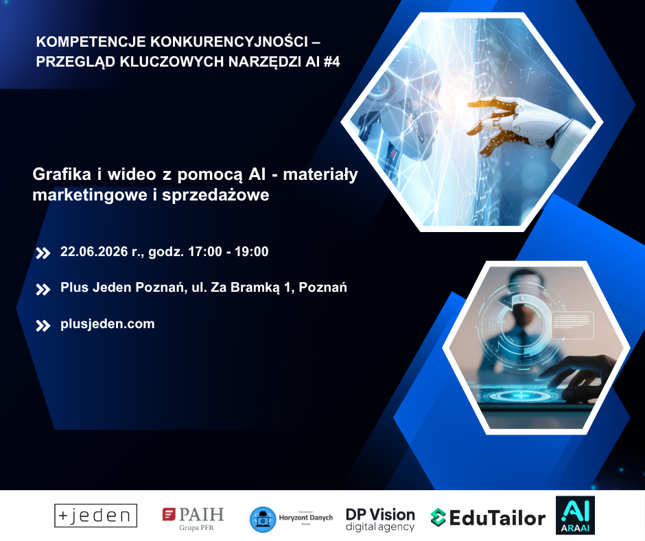 ciemna plansza z informacjami dot. szkolenia, grafika z ręką robota