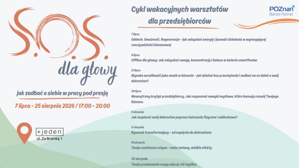 plansza w kolorach jasnej mięty, bieli, czerni i pomarańczy z nazawą projektu: "sos dla głowy" i tytuałami poszczególnych spotkań
